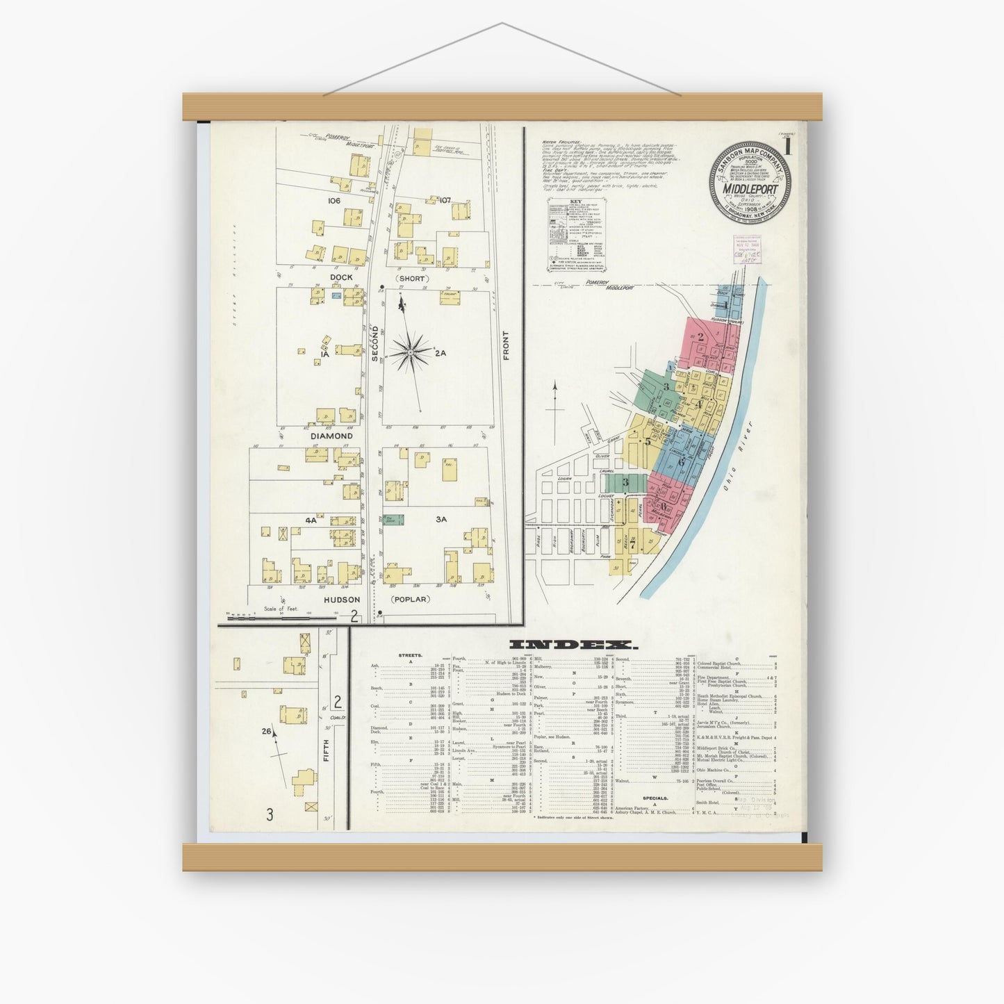 Old map wall art mockup — magnetic wood frame on white wall — Sanborn Fire Insurance Map from Middleport, Meigs County, Ohio (1908) - Complete Map Set