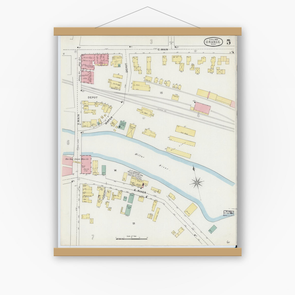 Old map wall art mockup — magnetic wood frame on white wall — Sanborn Fire Insurance Map from Orange, Franklin County, Massachusetts (1895), Sheet #0005