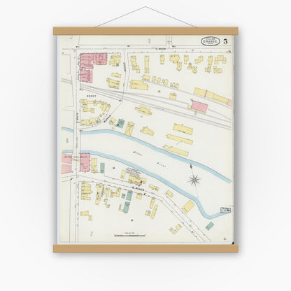 Old map wall art mockup — magnetic wood frame on white wall — Sanborn Fire Insurance Map from Orange, Franklin County, Massachusetts (1895), Sheet #0005