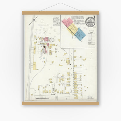 Old map wall art mockup — magnetic wood frame on white wall — Sanborn Fire Insurance Map from Clarendon, Warren County, Pennsylvania (1912), Sheet #0001