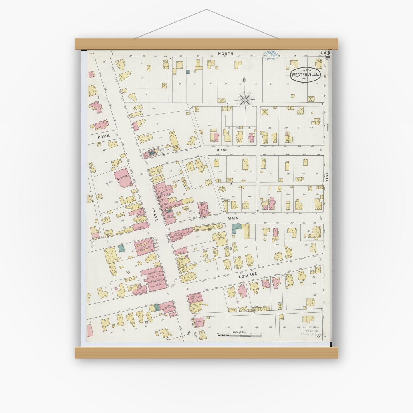 Old map wall art mockup — magnetic wood frame on white wall — Sanborn Fire Insurance Map from Westerville, Franklin County, Ohio (1894), Sheet #0002