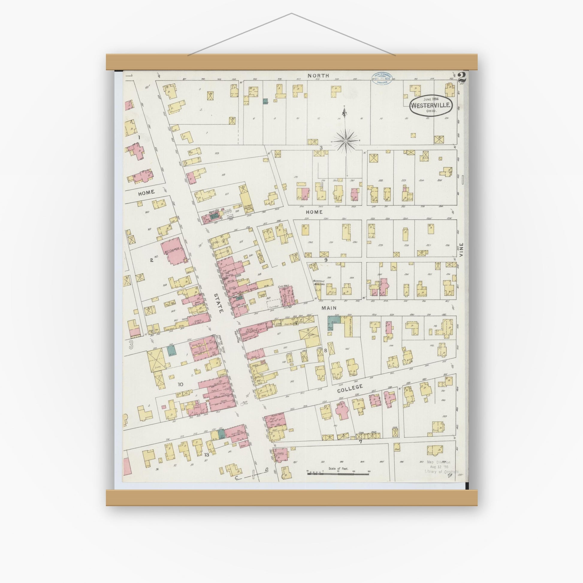 Old map wall art mockup — magnetic wood frame on white wall — Sanborn Fire Insurance Map from Westerville, Franklin County, Ohio (1894), Sheet #0002