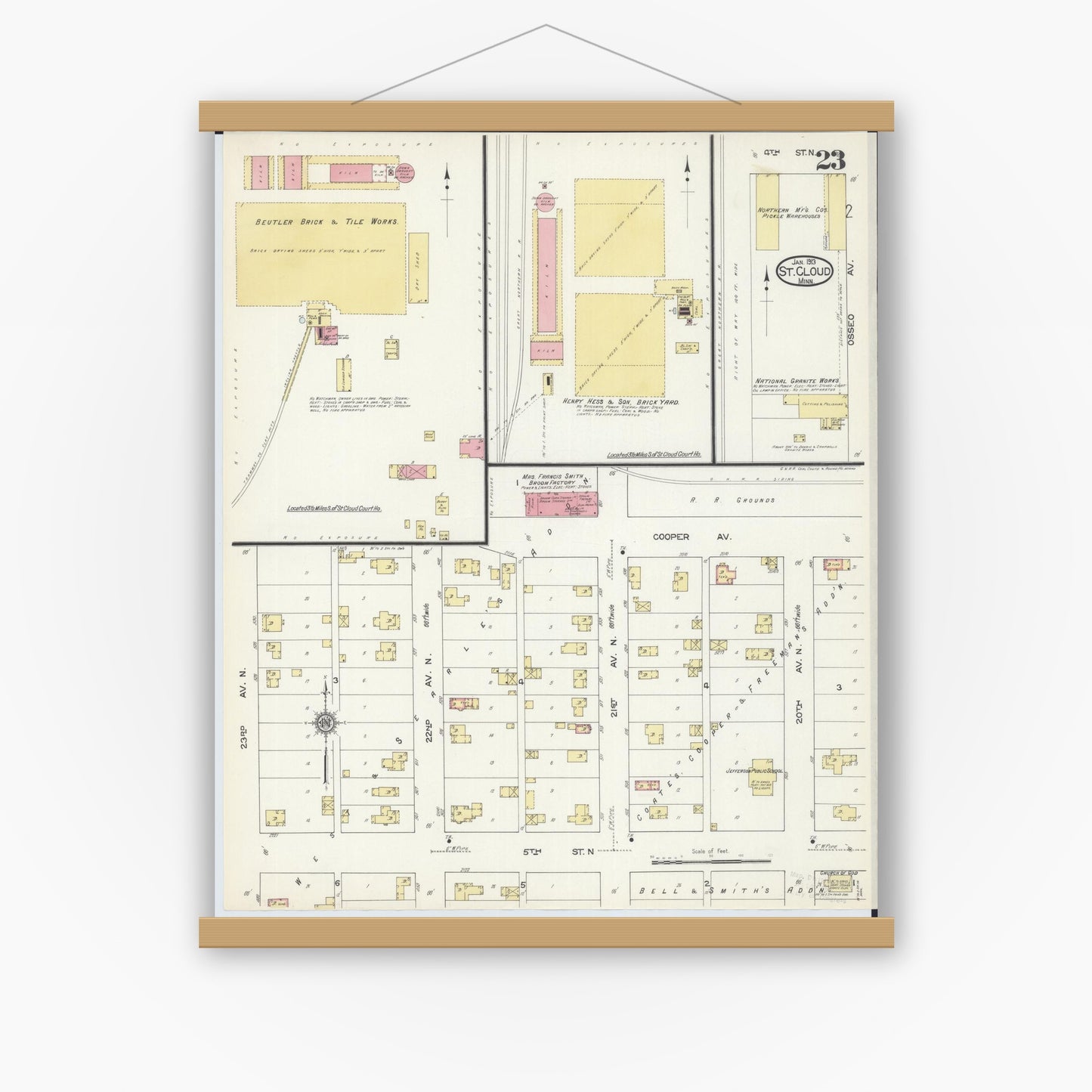 Old map wall art mockup — magnetic wood frame on white wall — Sanborn Fire Insurance Map from Saint Cloud, Stearns, Benton, and Sherburne Counties, Minnesota (1913), Sheet #0023