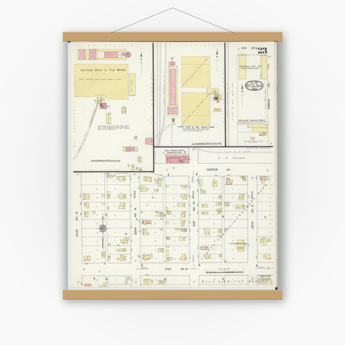 Old map wall art mockup — magnetic wood frame on white wall — Sanborn Fire Insurance Map from Saint Cloud, Stearns, Benton, and Sherburne Counties, Minnesota (1913), Sheet #0023