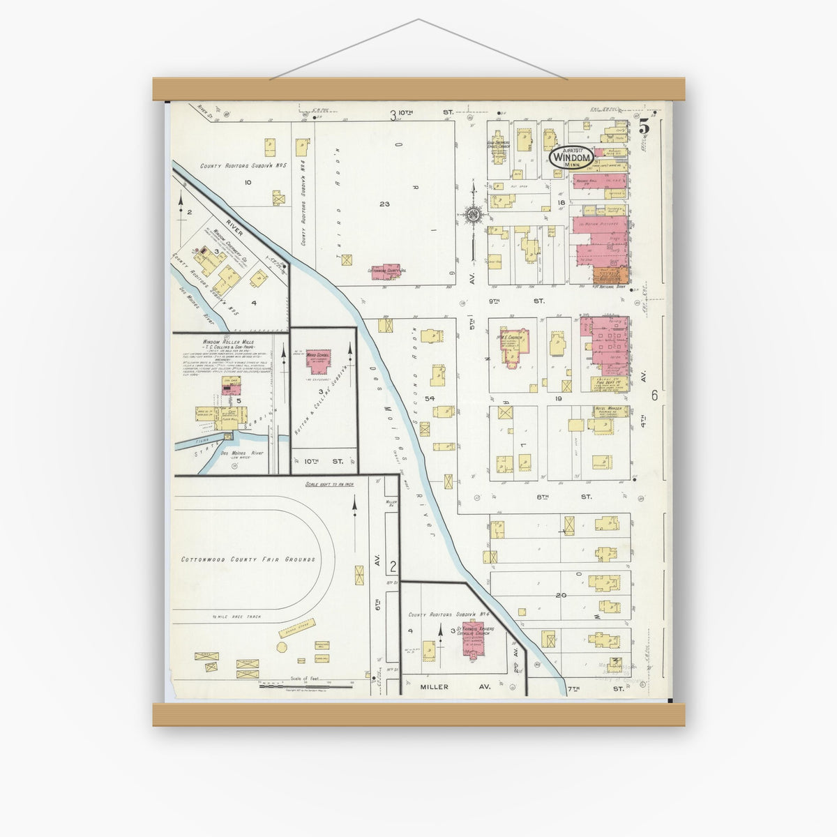 Old map wall art mockup — magnetic wood frame on white wall — Sanborn Fire Insurance Map from Windom, Cottonwood County, Minnesota (1917), Sheet #0005