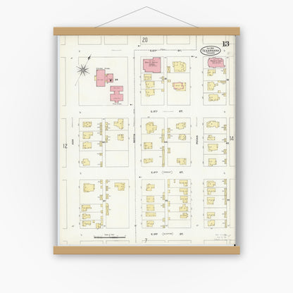 Old map wall art mockup — magnetic wood frame on white wall — Sanborn Fire Insurance Map from Texarkana, Bowie County, Texas (1905), Sheet #0013