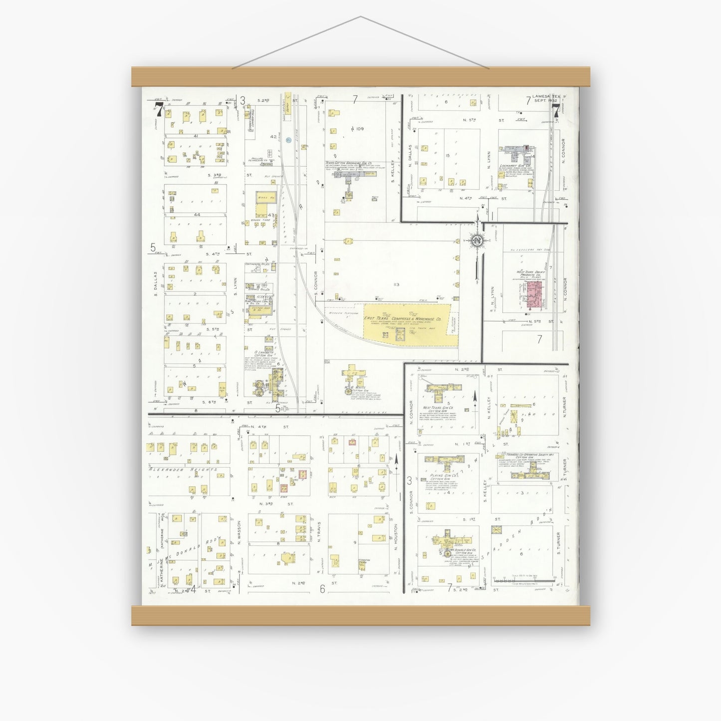 Old map wall art mockup — magnetic wood frame on white wall — Sanborn Fire Insurance Map from Lamesa, Dawson County, Texas (1932), Sheet #0007