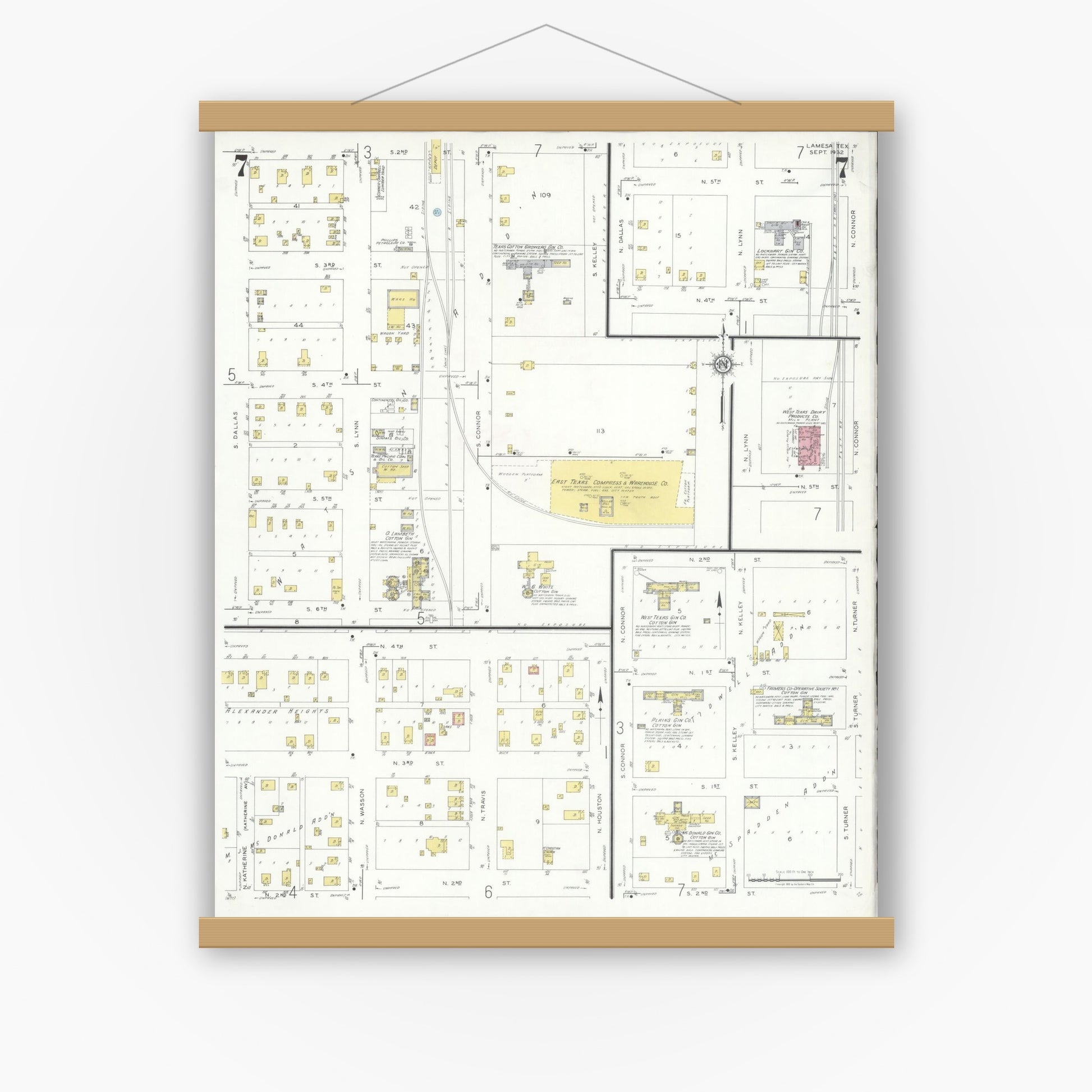 Old map wall art mockup — magnetic wood frame on white wall — Sanborn Fire Insurance Map from Lamesa, Dawson County, Texas (1932), Sheet #0007