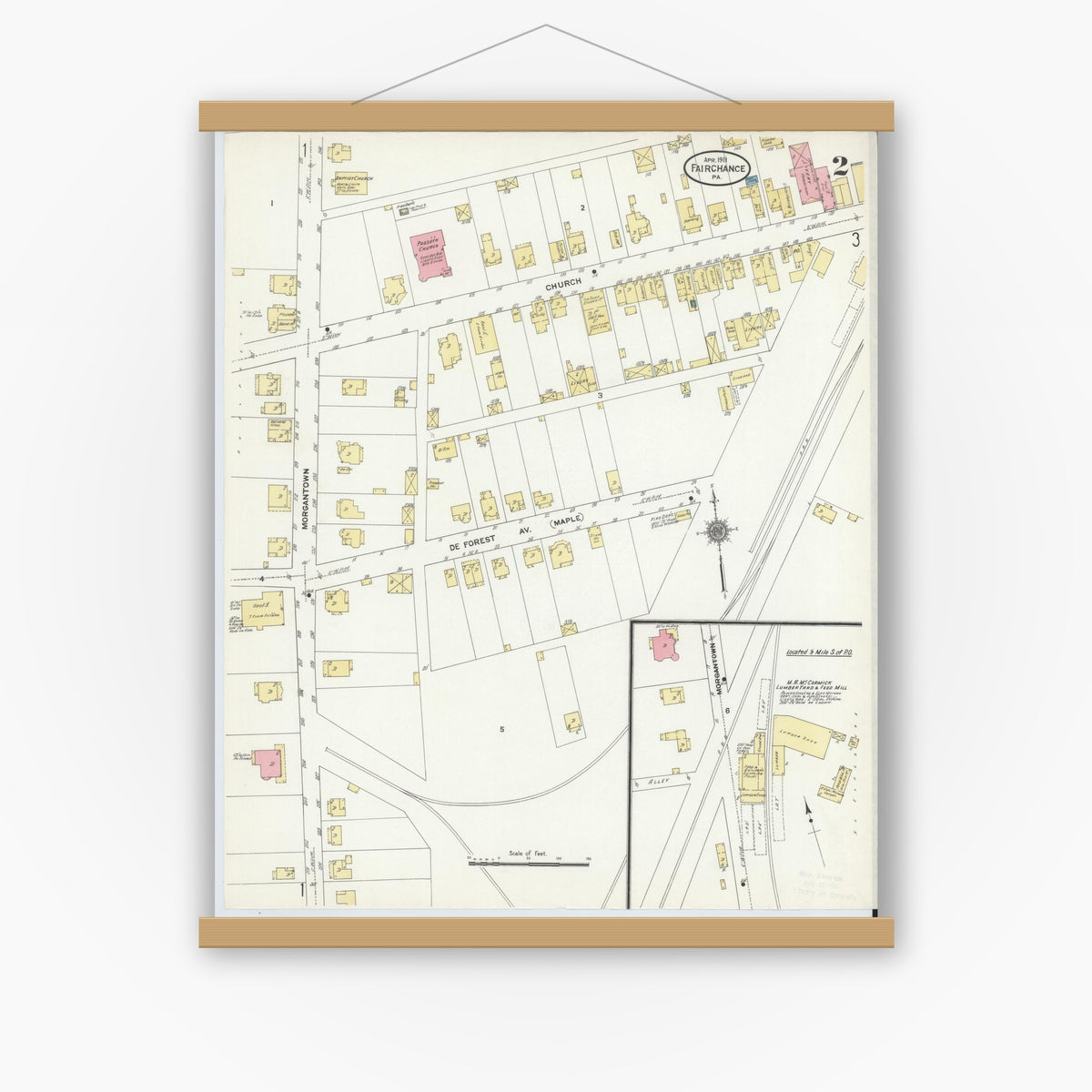 Old map wall art mockup — magnetic wood frame on white wall — Sanborn Fire Insurance Map from Fairchange, Fayette County, Pennsylvania (1911), Sheet #0002