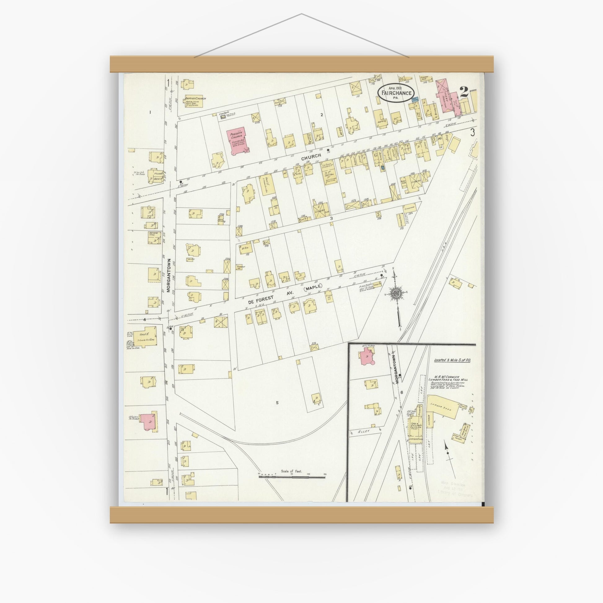 Old map wall art mockup — magnetic wood frame on white wall — Sanborn Fire Insurance Map from Fairchange, Fayette County, Pennsylvania (1911), Sheet #0002