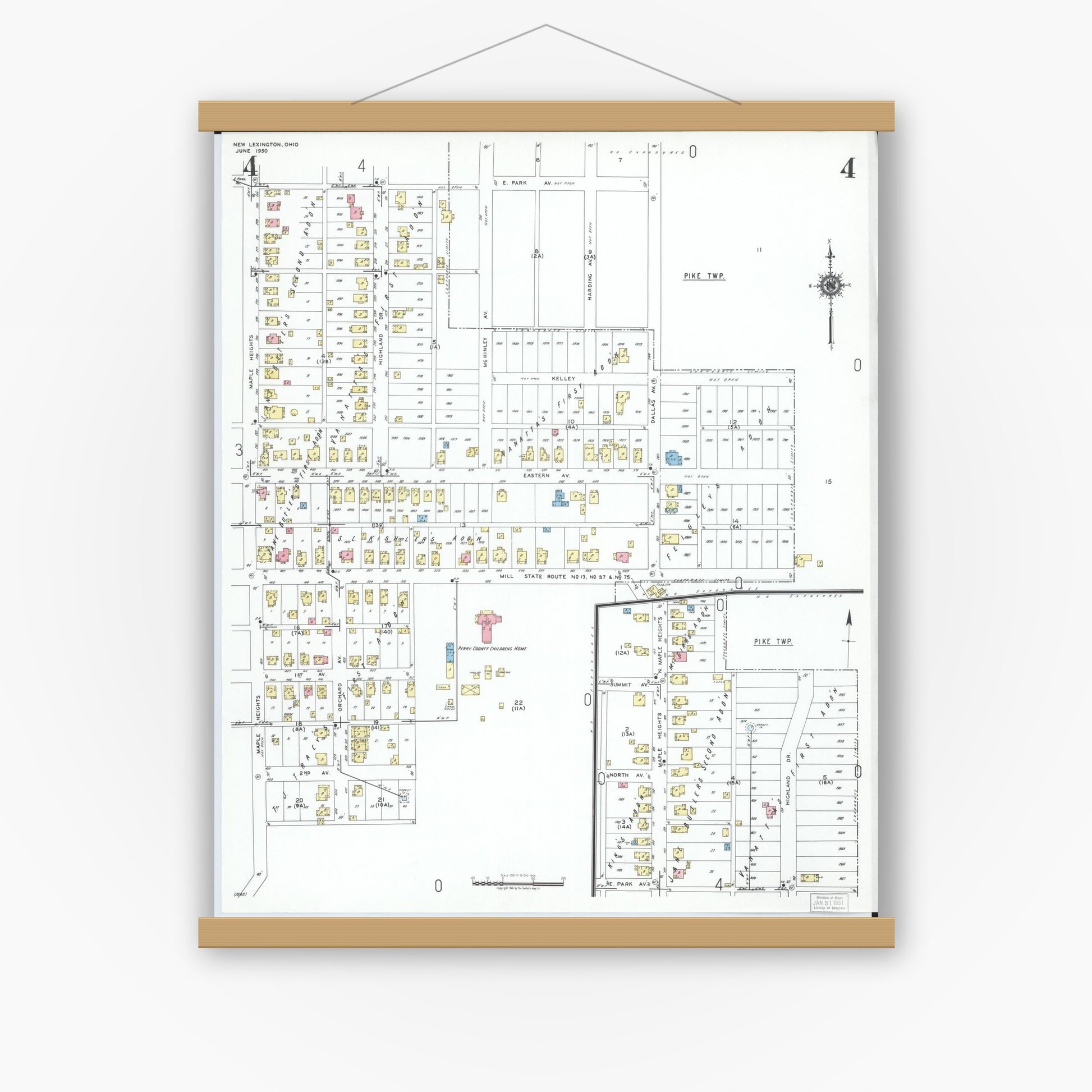 Old map wall art mockup — magnetic wood frame on white wall — Sanborn Fire Insurance Map from New Lexington, Perry County, Ohio (1950), Sheet #0004