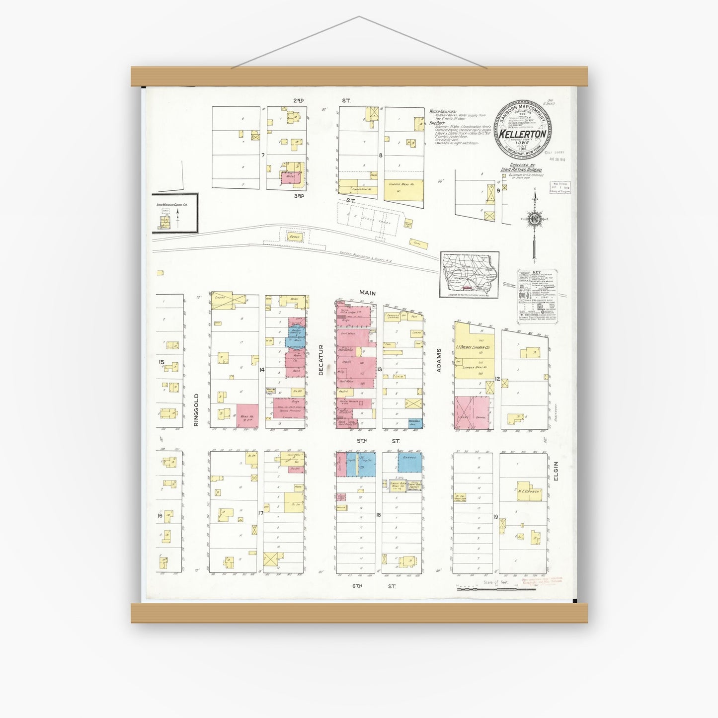 Old map wall art mockup — magnetic wood frame on white wall — Sanborn Fire Insurance Map from Kellerton, Ringgold County, Iowa (1916), Sheet #0001