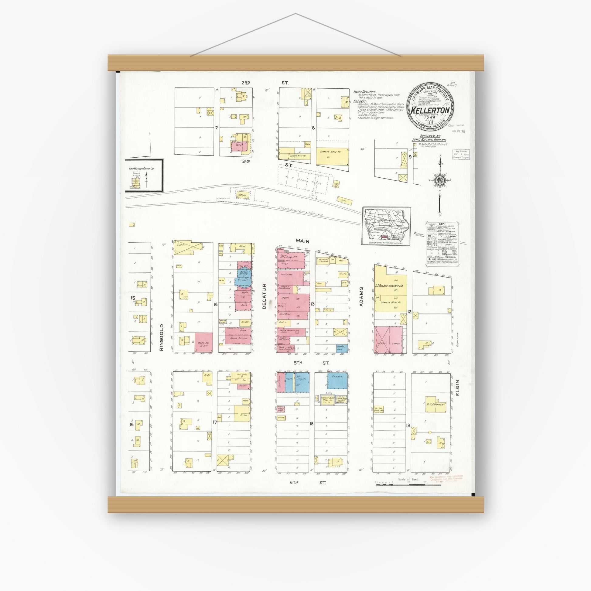 Old map wall art mockup — magnetic wood frame on white wall — Sanborn Fire Insurance Map from Kellerton, Ringgold County, Iowa (1916), Sheet #0001