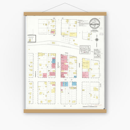 Old map wall art mockup — magnetic wood frame on white wall — Sanborn Fire Insurance Map from Kellerton, Ringgold County, Iowa (1916), Sheet #0001