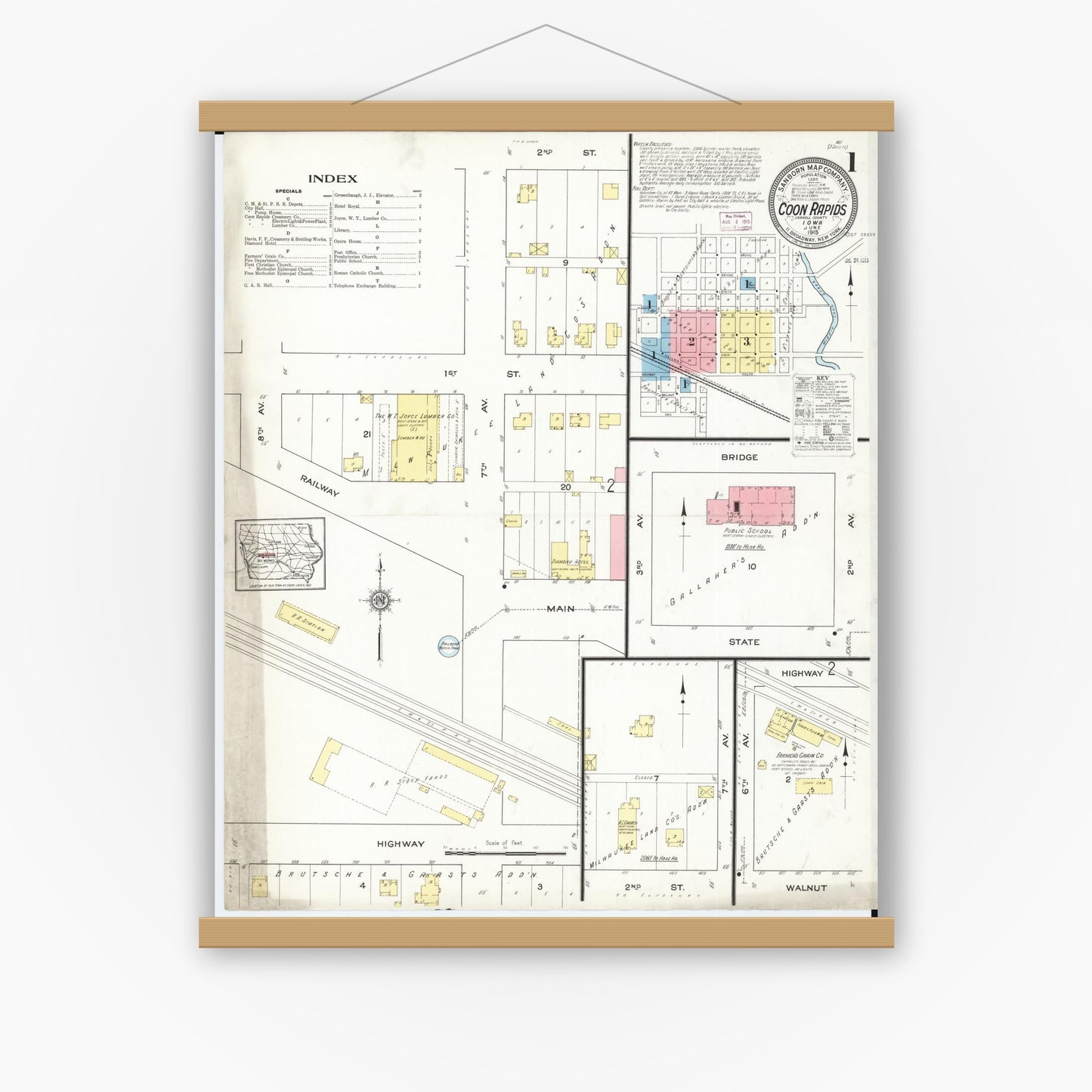 Old map wall art mockup — magnetic wood frame on white wall — Sanborn Fire Insurance Map from Coon Rapids, Carroll County, Iowa (1915) â€” Complete Set