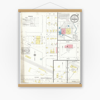 Old map wall art mockup — magnetic wood frame on white wall — Sanborn Fire Insurance Map from Coon Rapids, Carroll County, Iowa (1915) â€” Complete Set