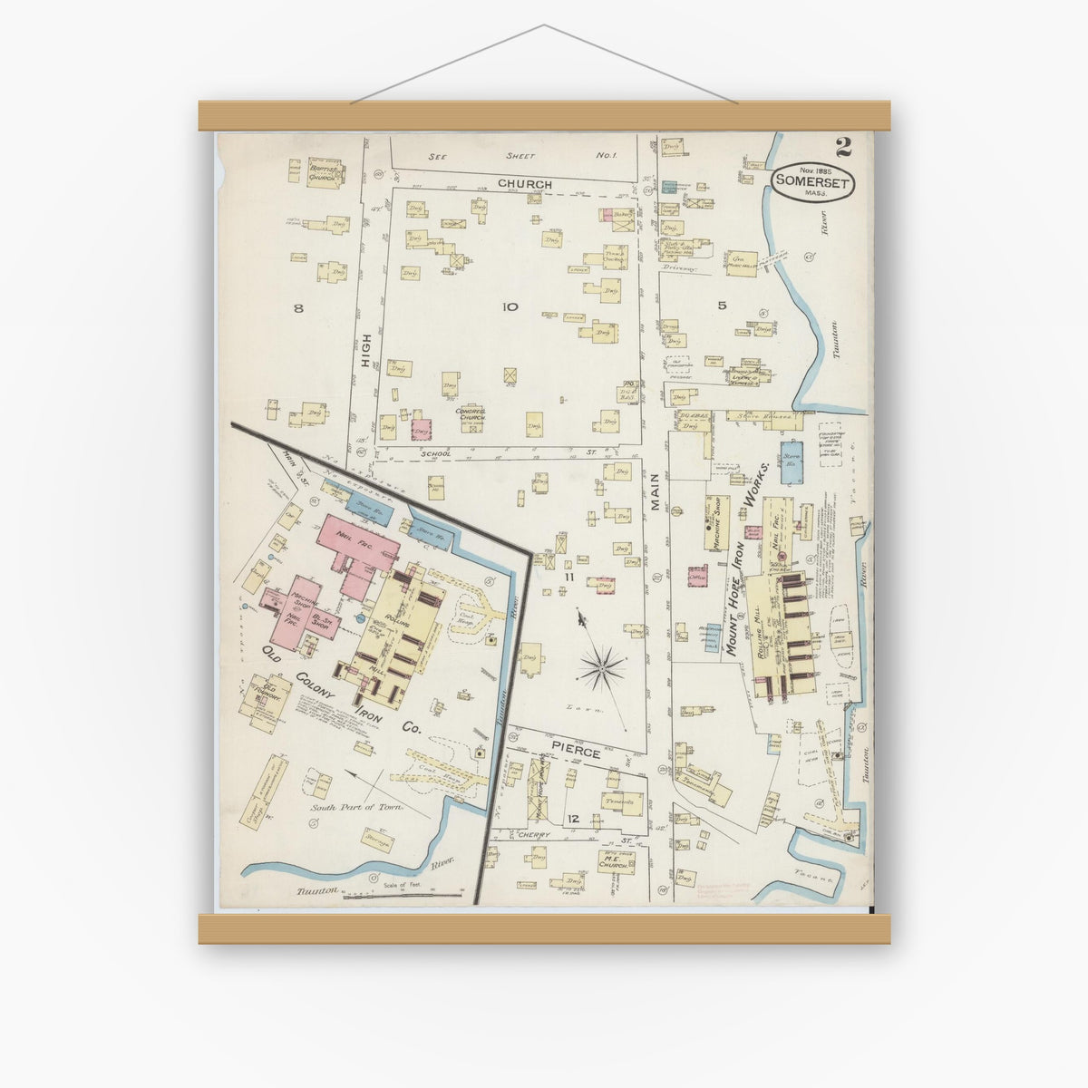 Old map wall art mockup — magnetic wood frame on white wall — Sanborn Fire Insurance Map from Somerset, Bristol County, Massachusetts (1885), Sheet #0002