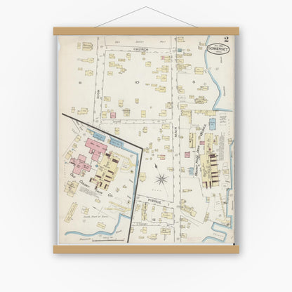 Old map wall art mockup — magnetic wood frame on white wall — Sanborn Fire Insurance Map from Somerset, Bristol County, Massachusetts (1885), Sheet #0002