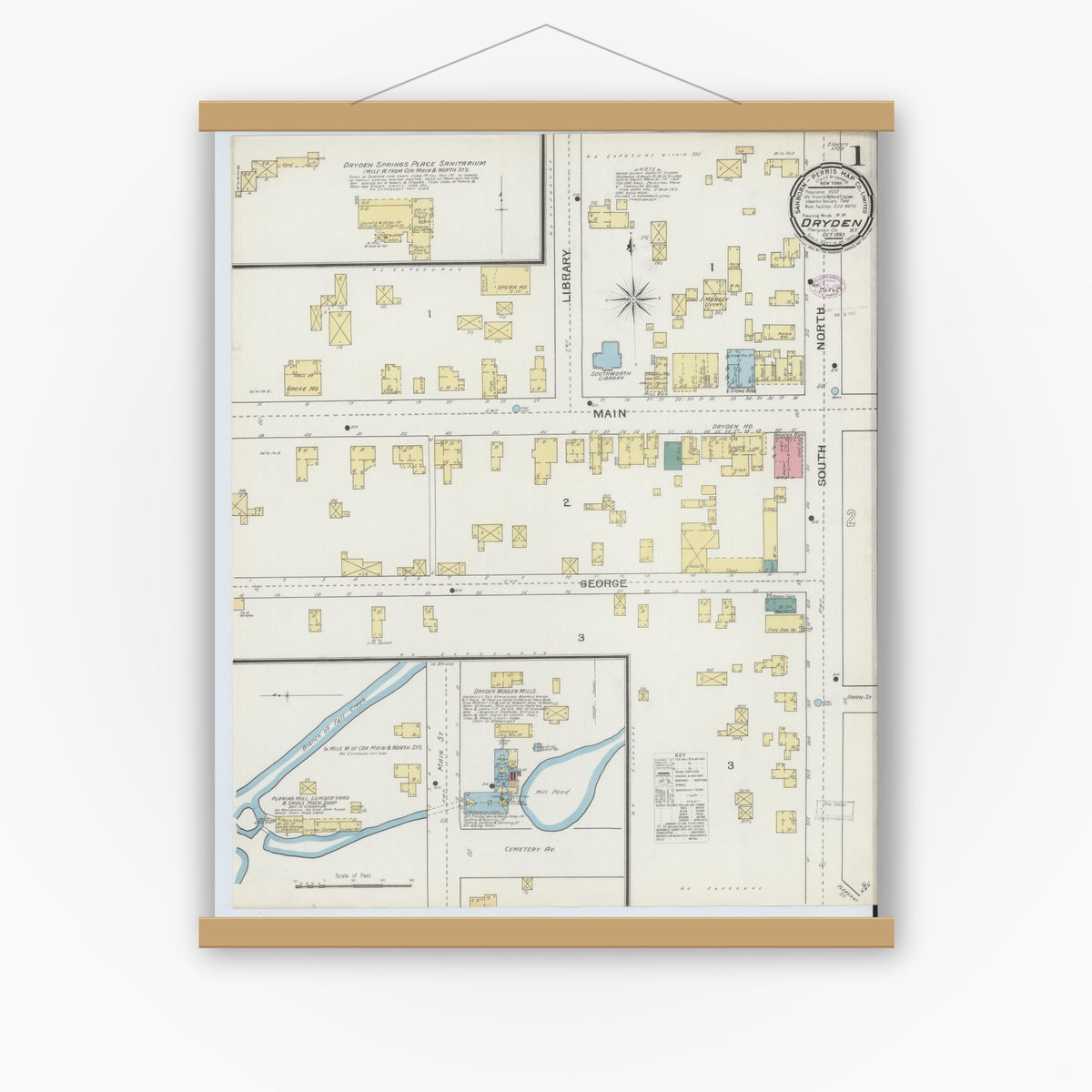 Old map wall art mockup — magnetic wood frame on white wall — Sanborn Fire Insurance Map from Dryden, Tompkins County, New York (1893) - Complete Map Set