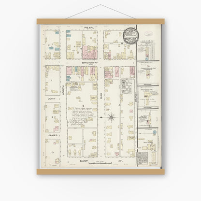Old map wall art mockup — magnetic wood frame on white wall — Sanborn Fire Insurance Map from Butler, De Kalb County, Indiana (1885), Sheet #0001
