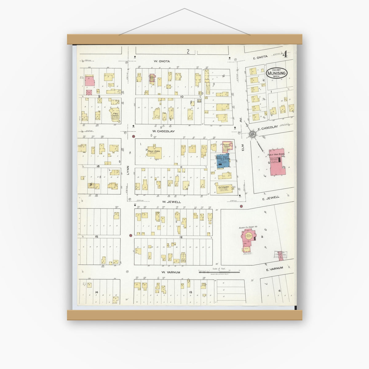 Old map wall art mockup — magnetic wood frame on white wall — Sanborn Fire Insurance Map from Munising, Alger County, Michigan (1917), Sheet #0004