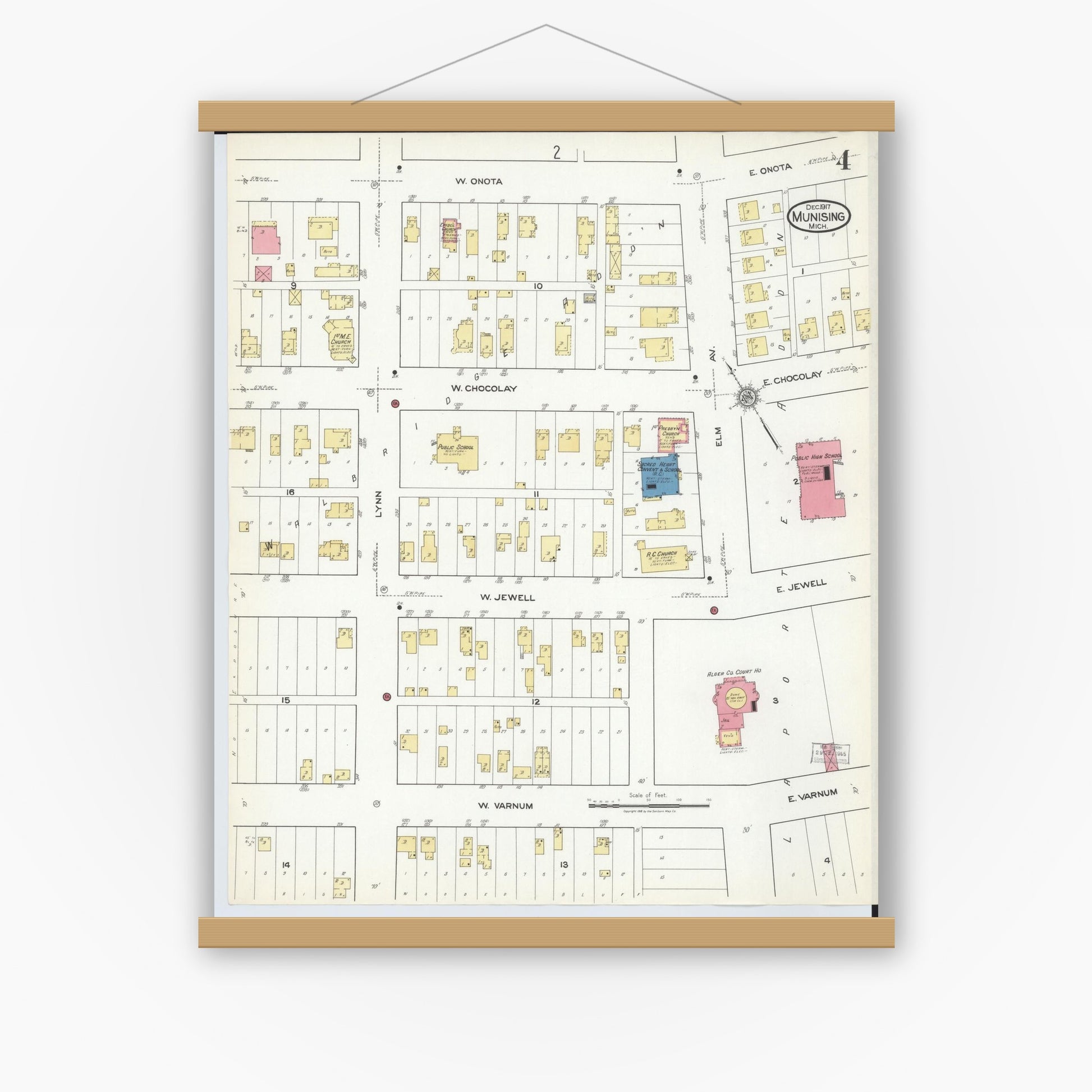 Old map wall art mockup — magnetic wood frame on white wall — Sanborn Fire Insurance Map from Munising, Alger County, Michigan (1917), Sheet #0004