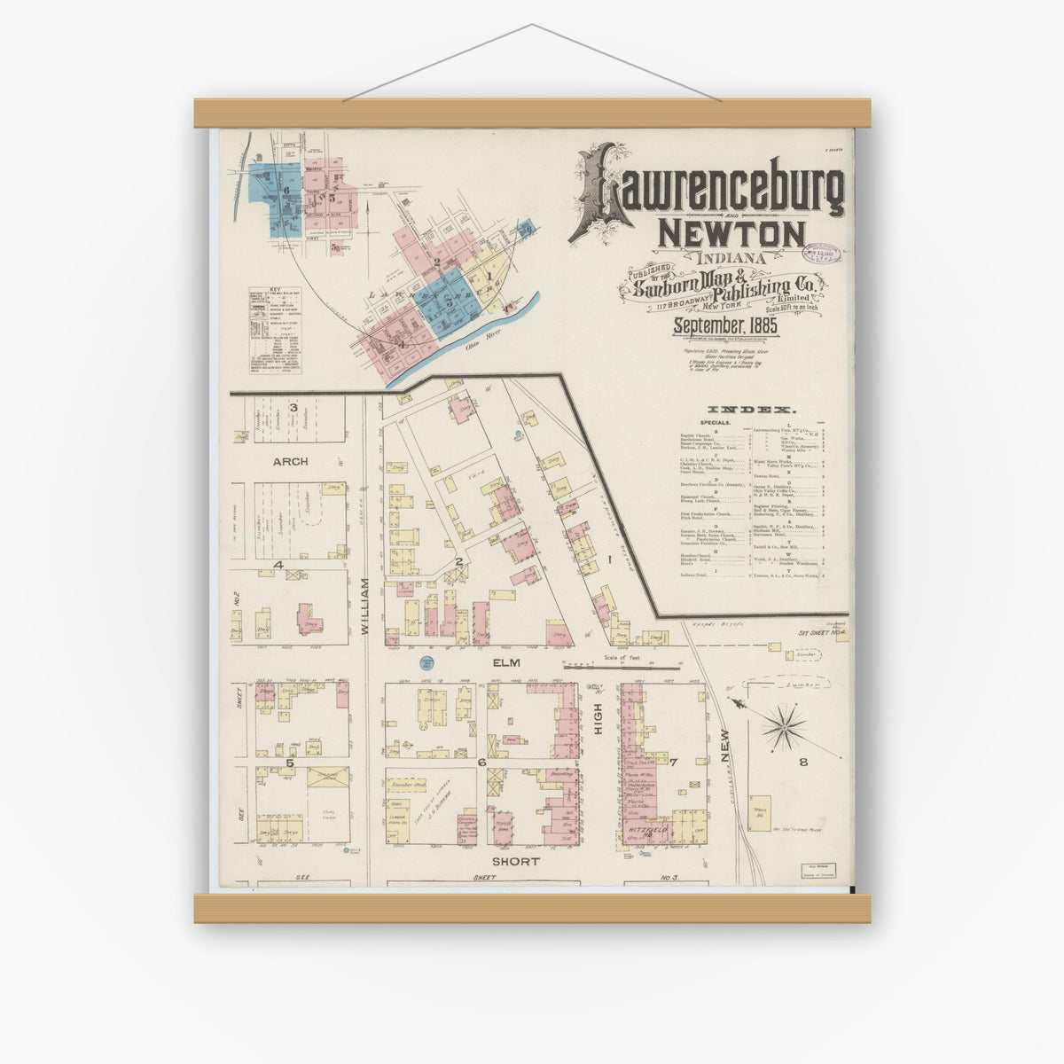 Old map wall art mockup — magnetic wood frame on white wall — Sanborn Fire Insurance Map from Lawrenceburg, Dearborn County, Indiana (1885) - Complete Map Set