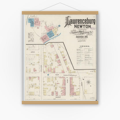 Old map wall art mockup — magnetic wood frame on white wall — Sanborn Fire Insurance Map from Lawrenceburg, Dearborn County, Indiana (1885) - Complete Map Set