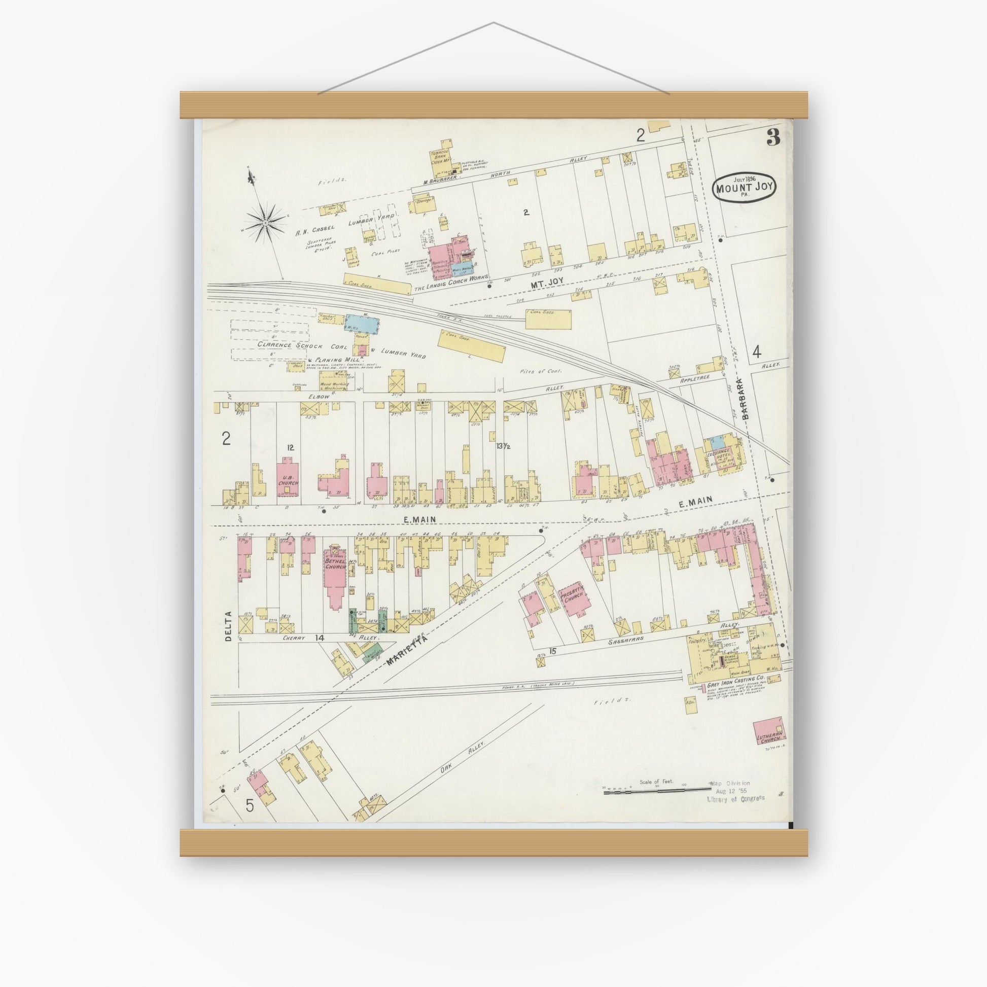 Old map wall art mockup — magnetic wood frame on white wall — Sanborn Fire Insurance Map from Mount Joy, Lancaster County, Pennsylvania (1896), Sheet #0003