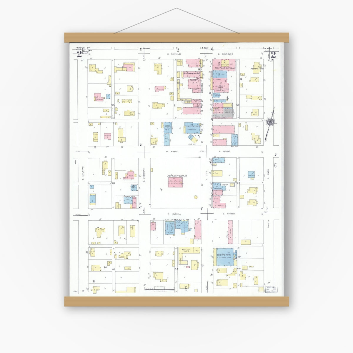 Old map wall art mockup — magnetic wood frame on white wall — Sanborn Fire Insurance Map from Ironton, Iron County, Missouri (1951), Sheet #0002