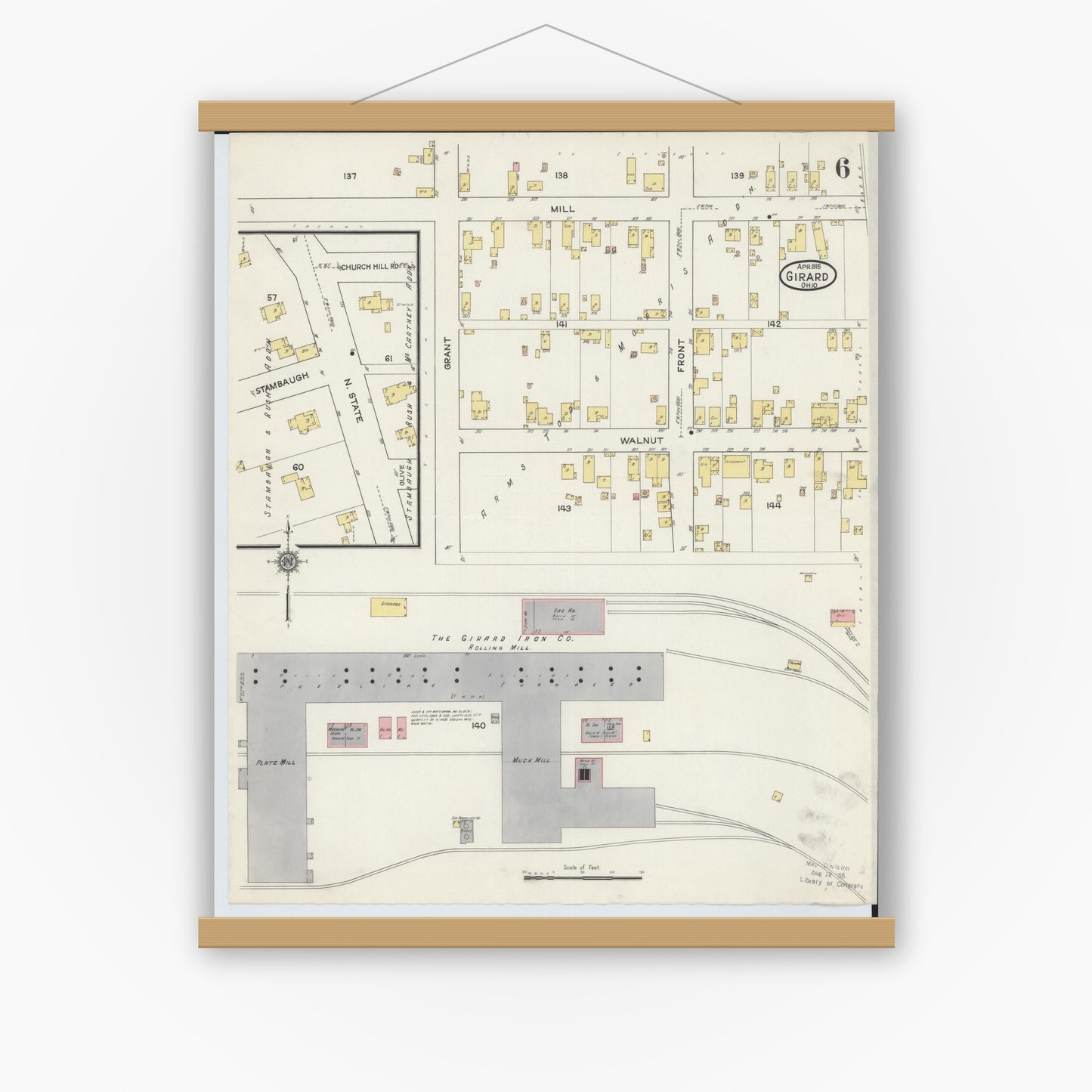 Old map wall art mockup — magnetic wood frame on white wall — Sanborn Fire Insurance Map from Girard, Trumbull County, Ohio (1915), Sheet #0006