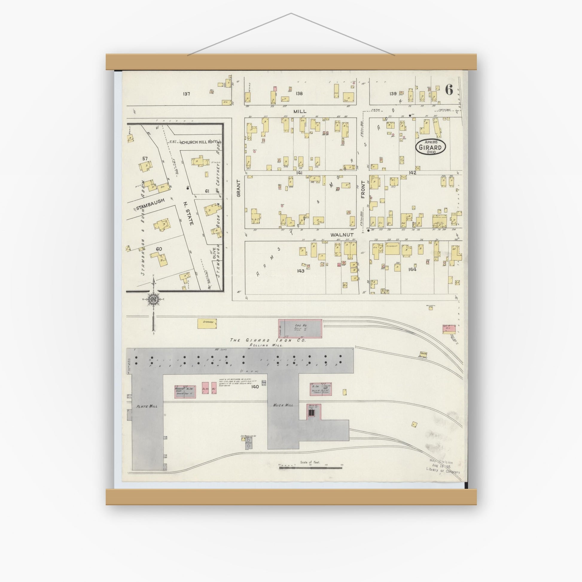 Old map wall art mockup — magnetic wood frame on white wall — Sanborn Fire Insurance Map from Girard, Trumbull County, Ohio (1915), Sheet #0006