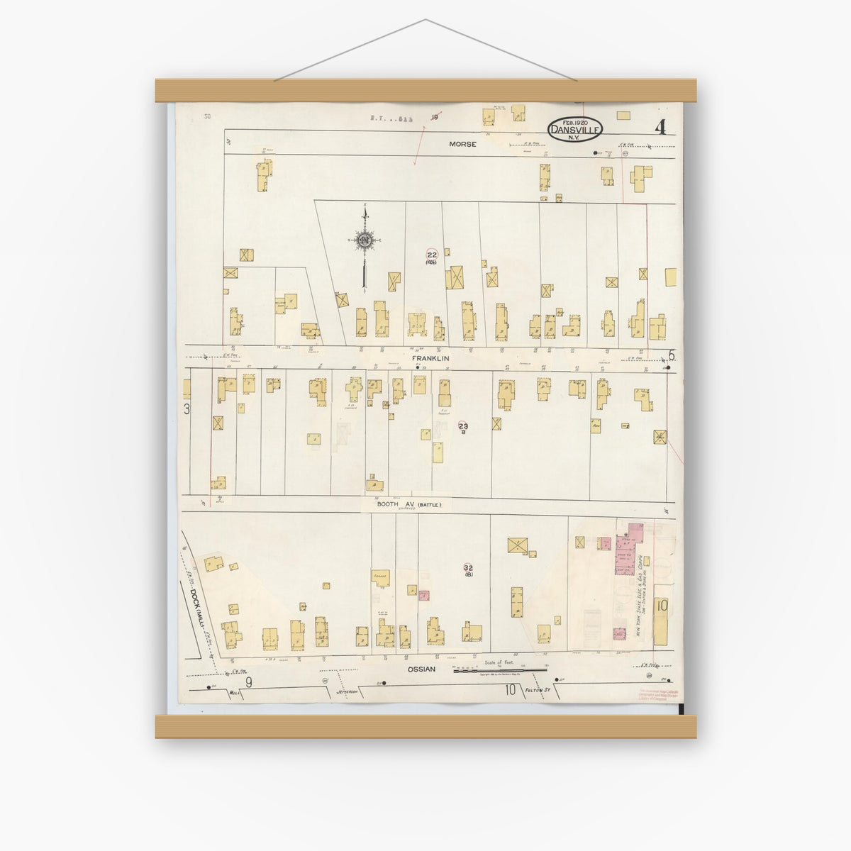 Old map wall art mockup — magnetic wood frame on white wall — Sanborn Fire Insurance Map from Dansville, Livingston County, New York (1944), Sheet #0004