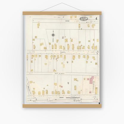 Old map wall art mockup — magnetic wood frame on white wall — Sanborn Fire Insurance Map from Dansville, Livingston County, New York (1944), Sheet #0004
