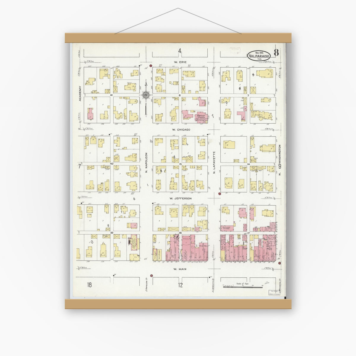 Old map wall art mockup — magnetic wood frame on white wall — Sanborn Fire Insurance Map from Valparaiso, Porter County, Indiana (1910), Sheet #0008