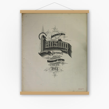 Old map wall art mockup — magnetic wood frame on white wall — Sanborn Fire Insurance Map from Lansing, Ingham County, Michigan (1913), Sheet #0001