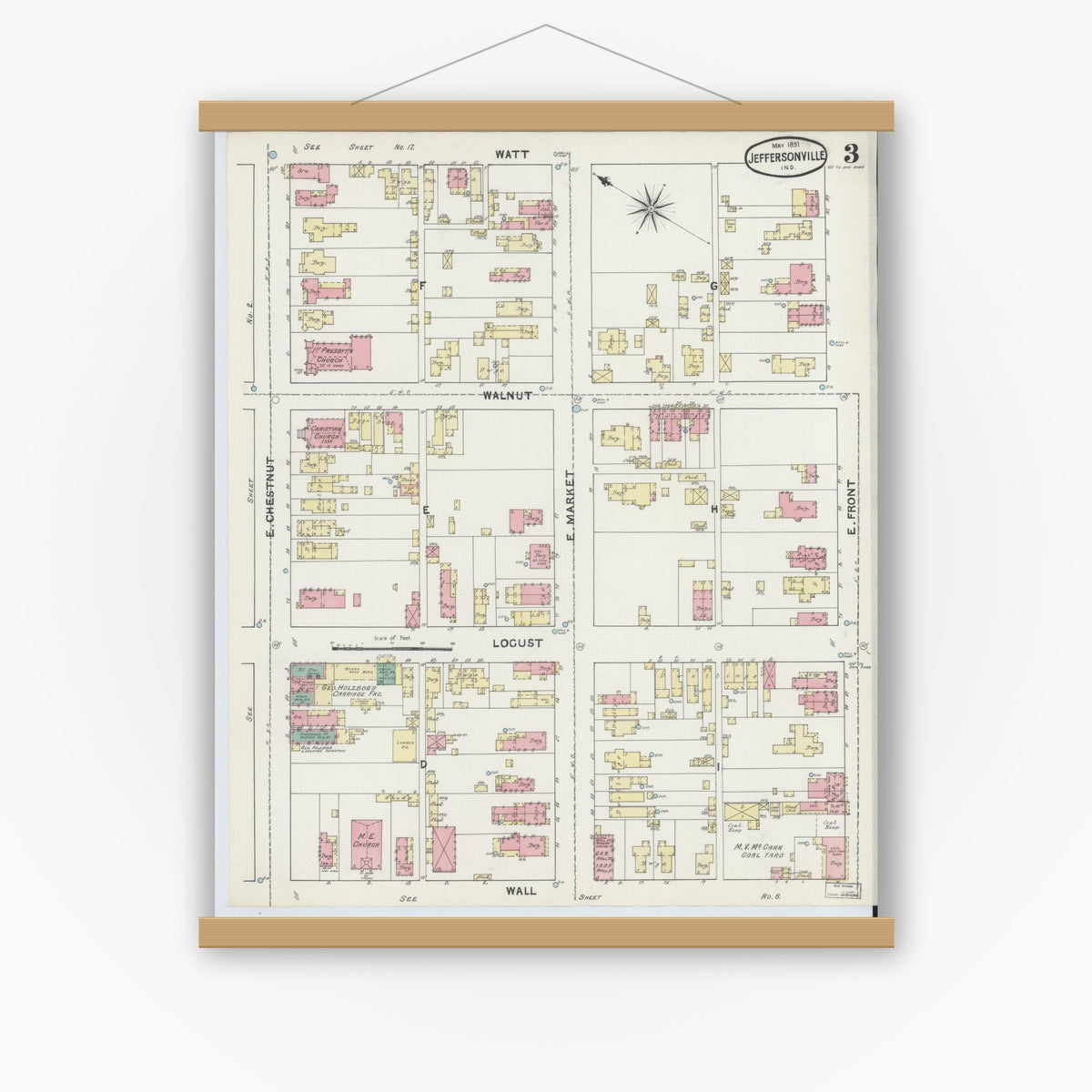 Old map wall art mockup — magnetic wood frame on white wall — Sanborn Fire Insurance Map from Jeffersonville, Clark County, Indiana (1891), Sheet #0003