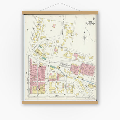 Old map wall art mockup — magnetic wood frame on white wall — Sanborn Fire Insurance Map from East Liverpool, Columbiana County, Ohio (1897), Sheet #0008