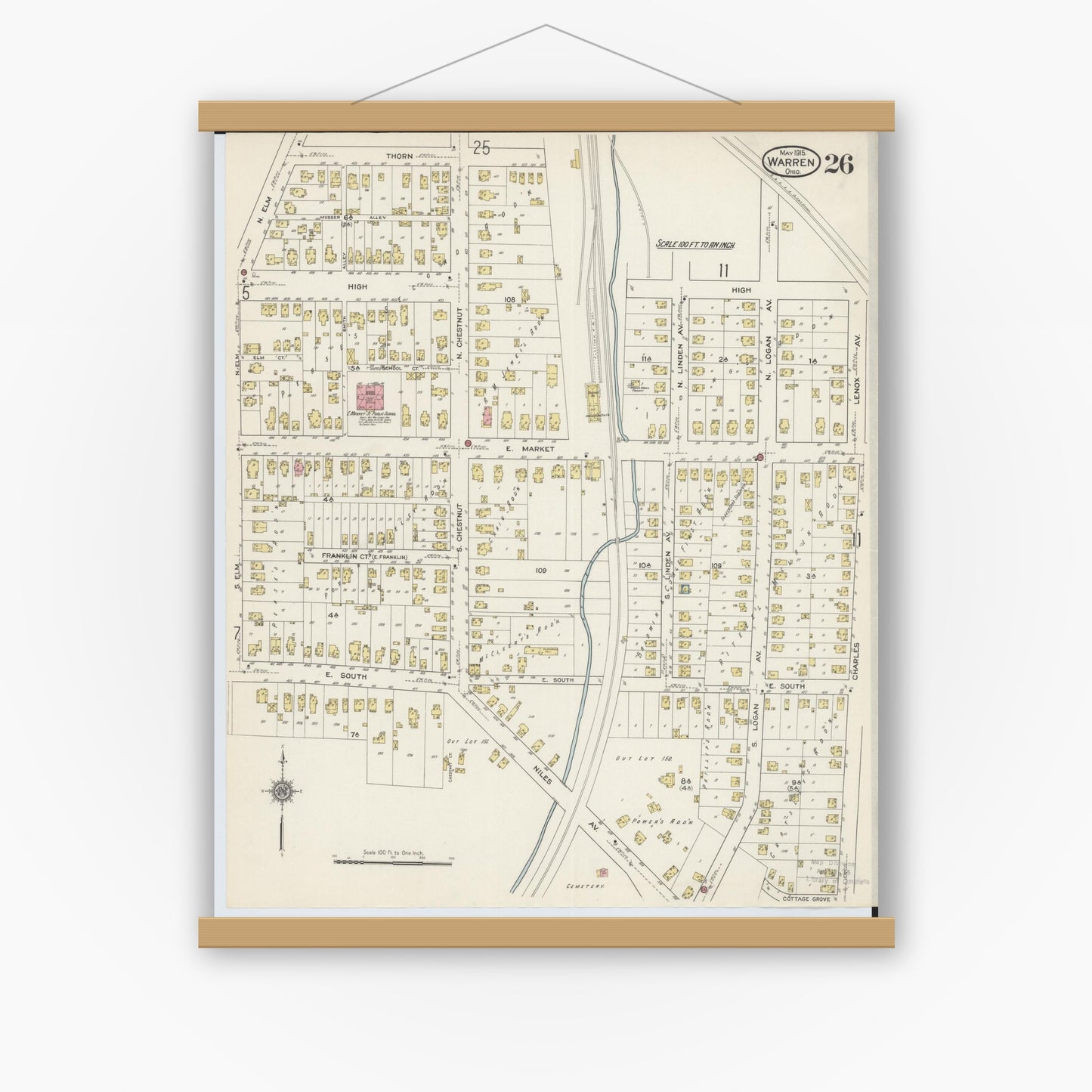 Old map wall art mockup — magnetic wood frame on white wall — Sanborn Fire Insurance Map from Warren, Trumbull County, Ohio (1915), Sheet #0026