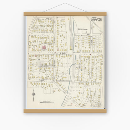 Old map wall art mockup — magnetic wood frame on white wall — Sanborn Fire Insurance Map from Warren, Trumbull County, Ohio (1915), Sheet #0026