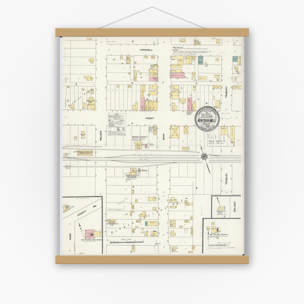 Old map wall art mockup — magnetic wood frame on white wall — Sanborn Fire Insurance Map from New York Mills, Otter Tail County, Minnesota (1909), Sheet #0001