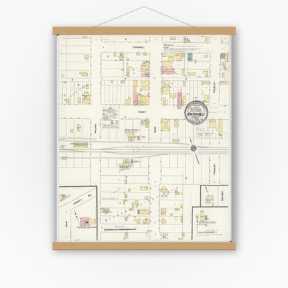 Old map wall art mockup — magnetic wood frame on white wall — Sanborn Fire Insurance Map from New York Mills, Otter Tail County, Minnesota (1909), Sheet #0001