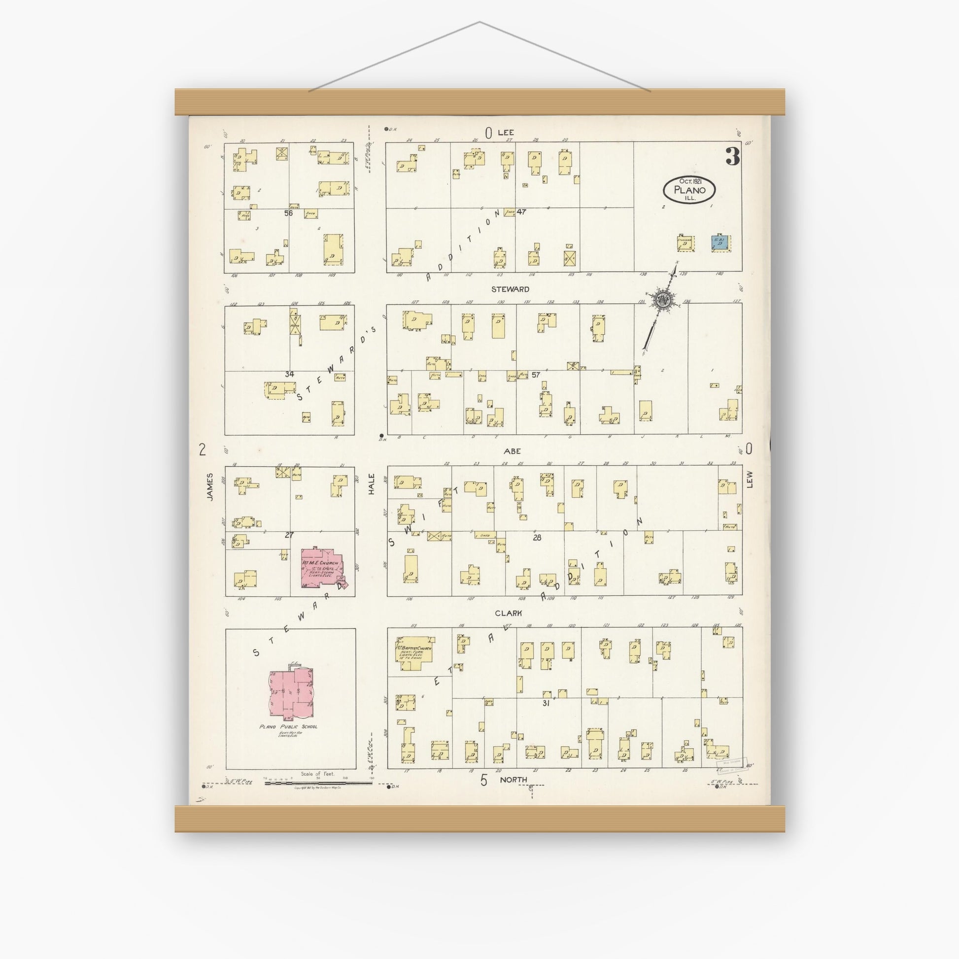 Old map wall art mockup — magnetic wood frame on white wall — Sanborn Fire Insurance Map from Plano, Kendall County, Illinois (1921), Sheet #0003