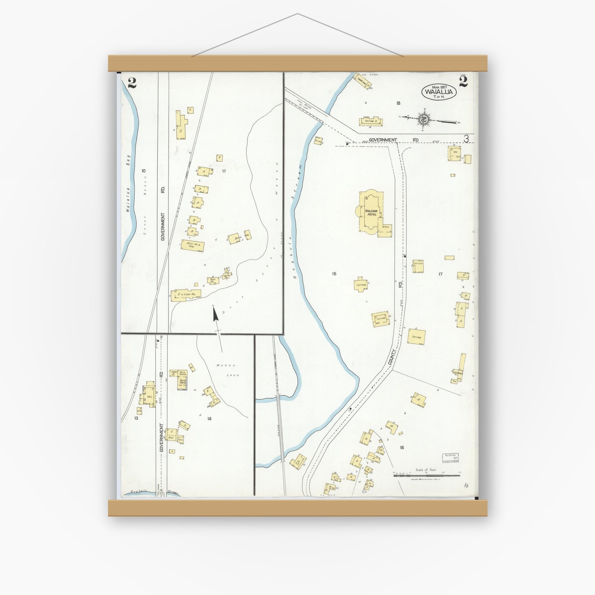 Old map wall art mockup — magnetic wood frame on white wall — Sanborn Fire Insurance Map from Waialua, Honolulu County, Hawaii (1927), Sheet #0002
