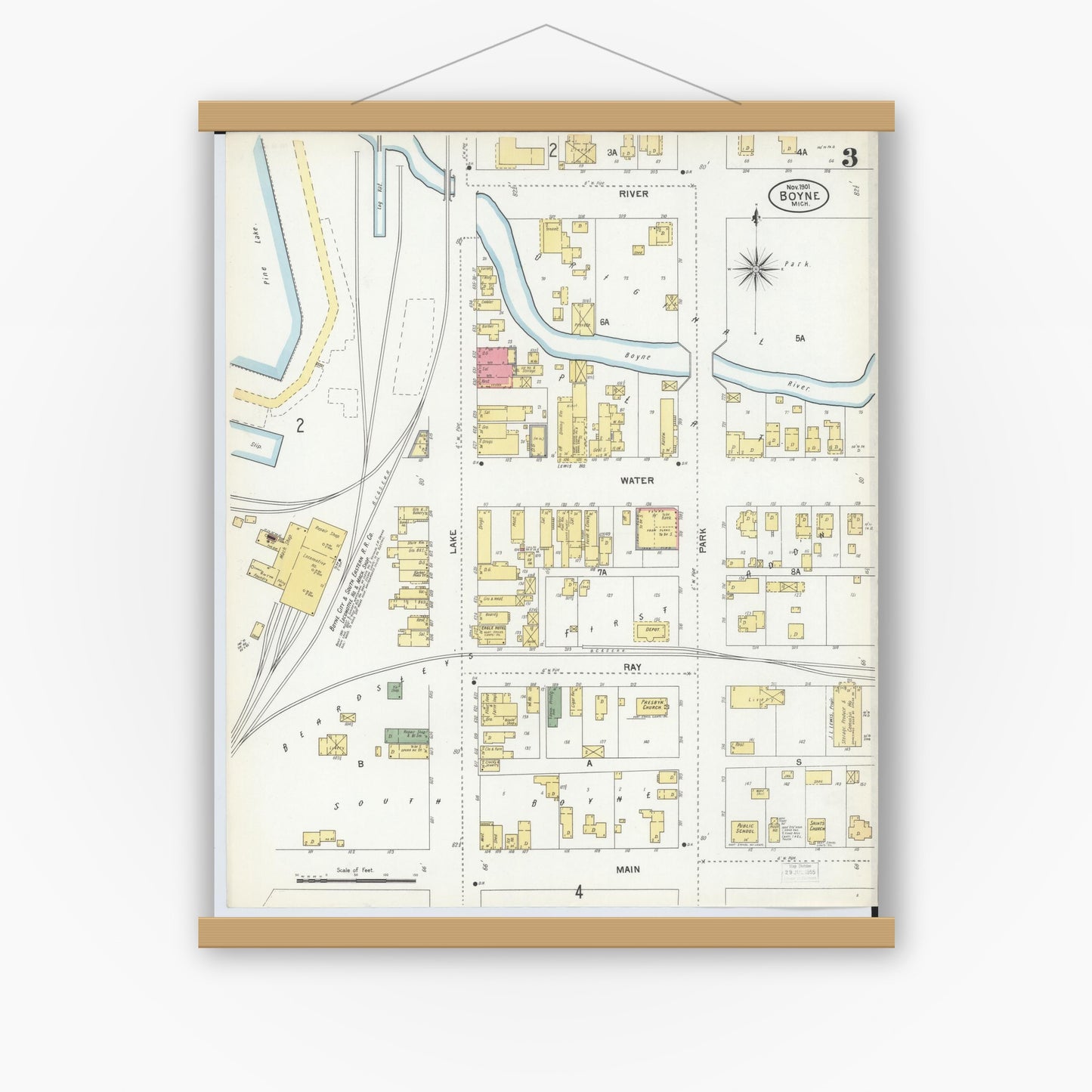 Old map wall art mockup — magnetic wood frame on white wall — Sanborn Fire Insurance Map from Boyne City, Charlevoix County, Michigan (1901), Sheet #0003