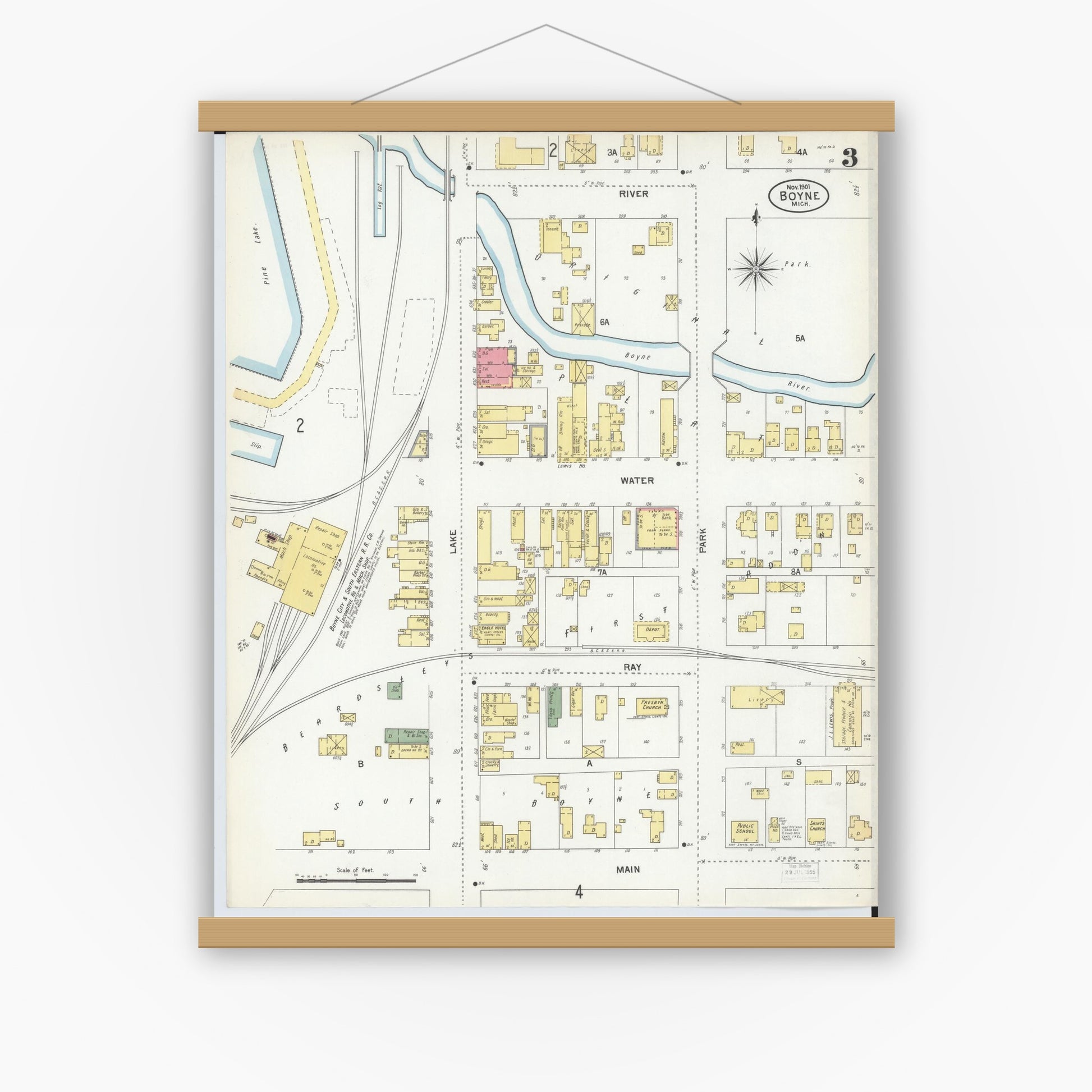 Old map wall art mockup — magnetic wood frame on white wall — Sanborn Fire Insurance Map from Boyne City, Charlevoix County, Michigan (1901), Sheet #0003