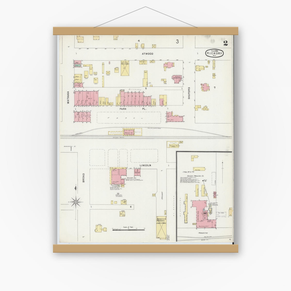 Old map wall art mockup — magnetic wood frame on white wall — Sanborn Fire Insurance Map from Hickory, Catawba County, North Carolina (1896), Sheet #0002