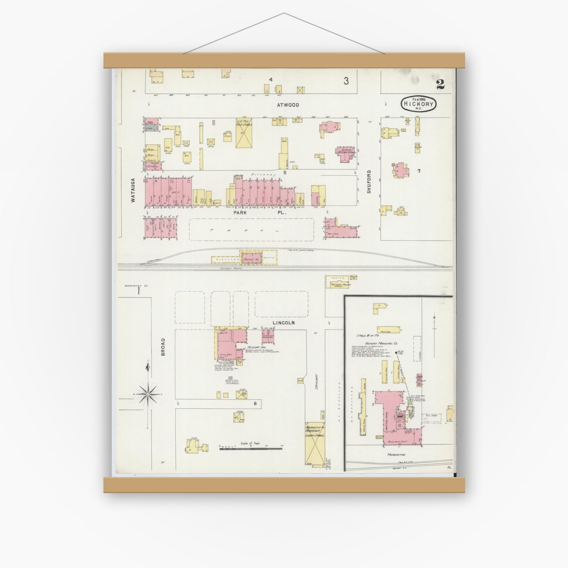 Old map wall art mockup — magnetic wood frame on white wall — Sanborn Fire Insurance Map from Hickory, Catawba County, North Carolina (1896), Sheet #0002