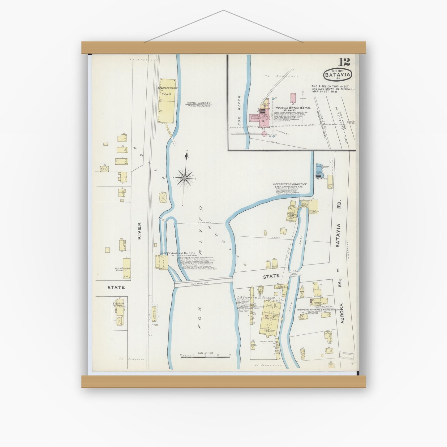 Old map wall art mockup — magnetic wood frame on white wall — Sanborn Fire Insurance Map from Batavia, Kane County, Illinois (1891), Sheet #0012