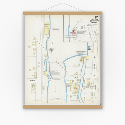 Old map wall art mockup — magnetic wood frame on white wall — Sanborn Fire Insurance Map from Batavia, Kane County, Illinois (1891), Sheet #0012